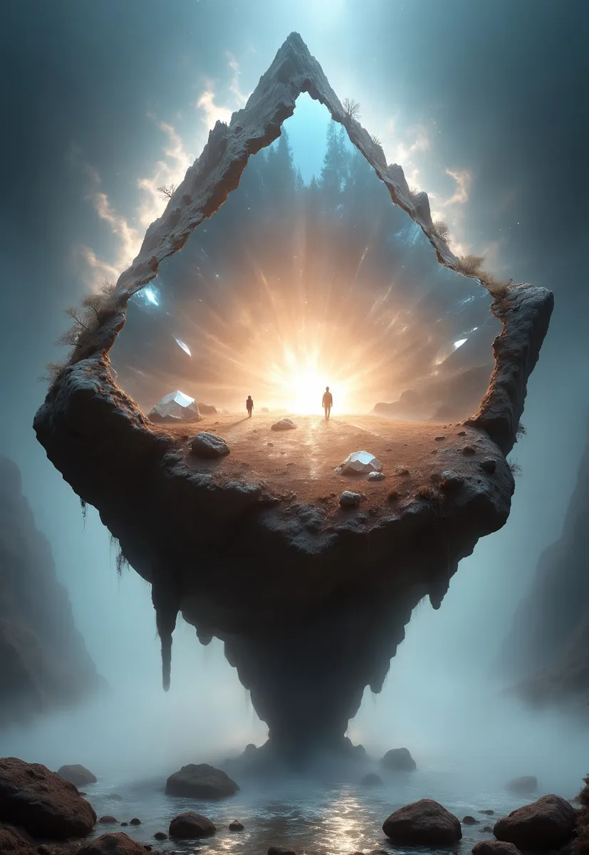 A vast floating triangular rock formation with a glowing bright light at its center, surrounded by small crystals and misty terrain beneath with water and rocks.