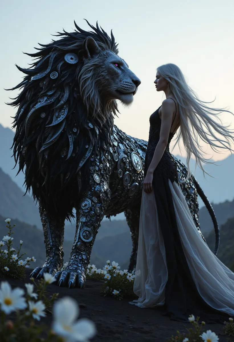A silver-haired woman with piercing violet eyes stands beside a majestic mechanical lion composed of black and white clockwork gears, set against a misty mountainous backdrop with white flowers.