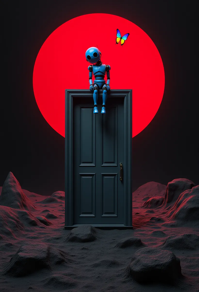 A blue robot sitting on top of a floating dark door in a black and red surreal landscape with a large red circle behind and a rainbow-colored butterfly flying above its head.