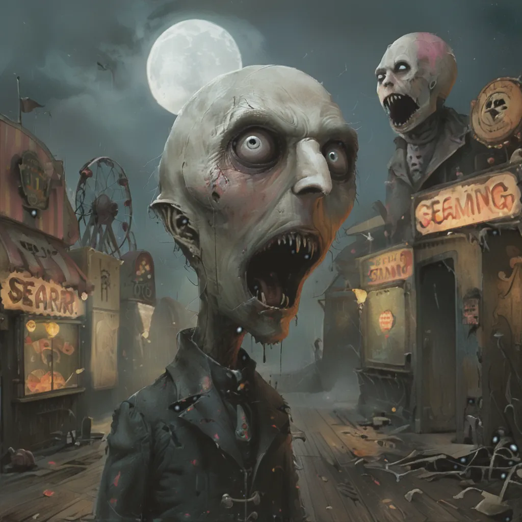 A horrifying Nosferatu vampire with wide-open mouth and fangs screaming, standing in a decaying, overgrown funfair under a full moon with mist and fog, surrounded by other vampires and old carnival booths.