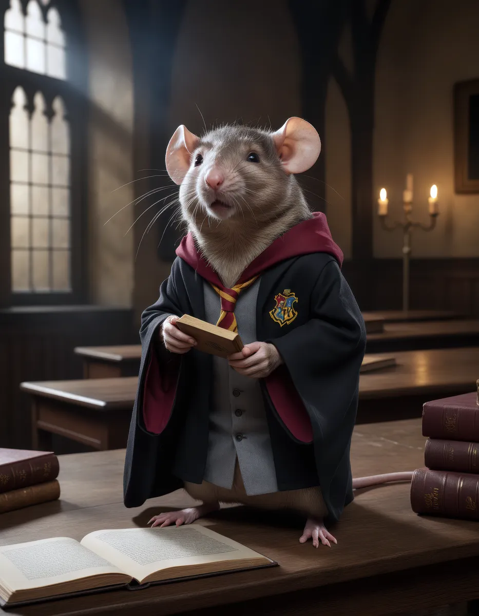 Detailed photograph of a small anthropomorphic rat dressed in a Hogwarts robe and tie, standing on a wooden desk in a dimly lit Hogwarts classroom with dramatic lighting and soft shadows.