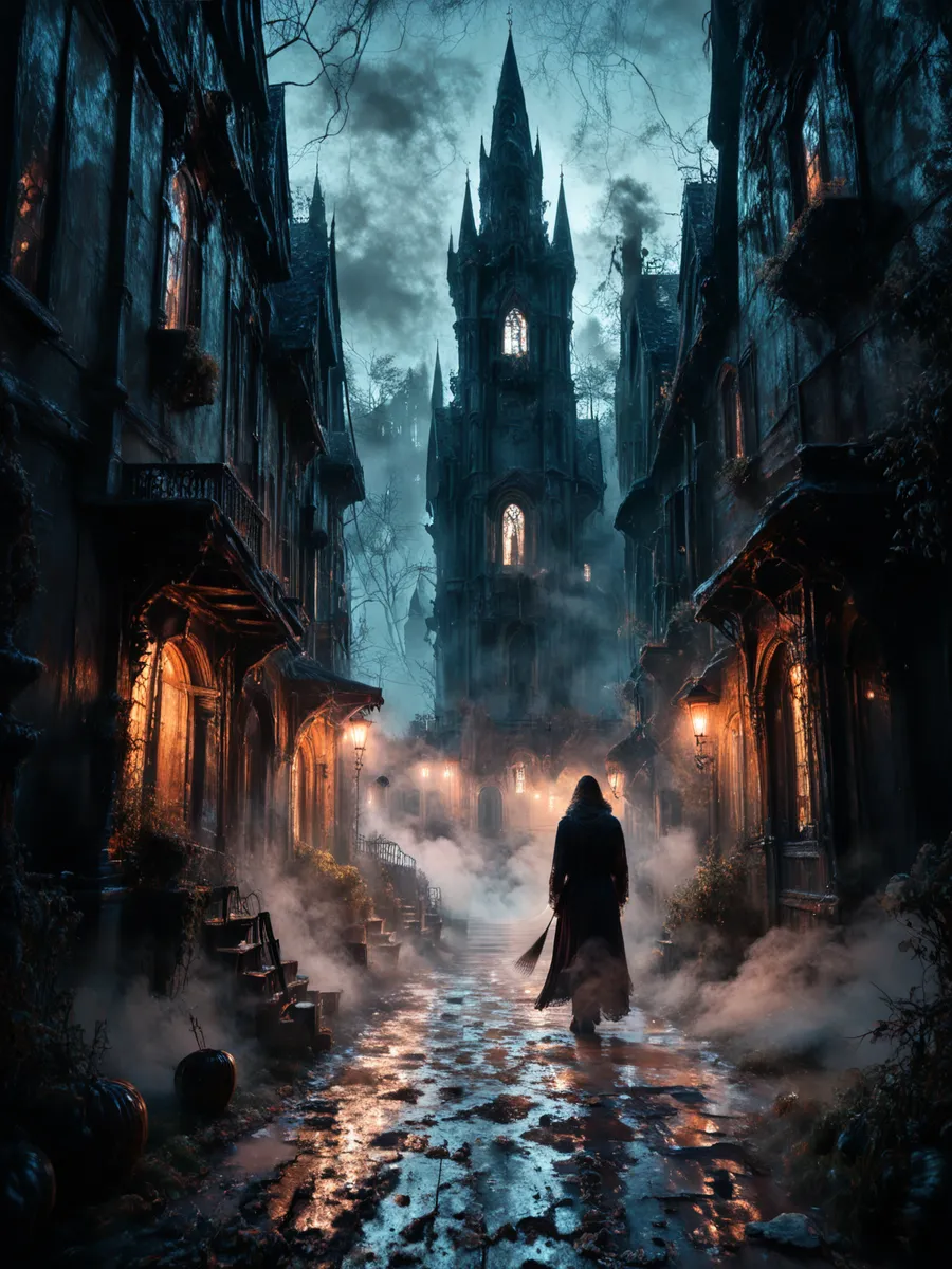 A misty manor with gothic architecture illuminated by warm glowing windows under a foggy, dark night sky. A mysterious figure walks down a wet cobblestone path surrounded by old buildings with glowing street lamps.