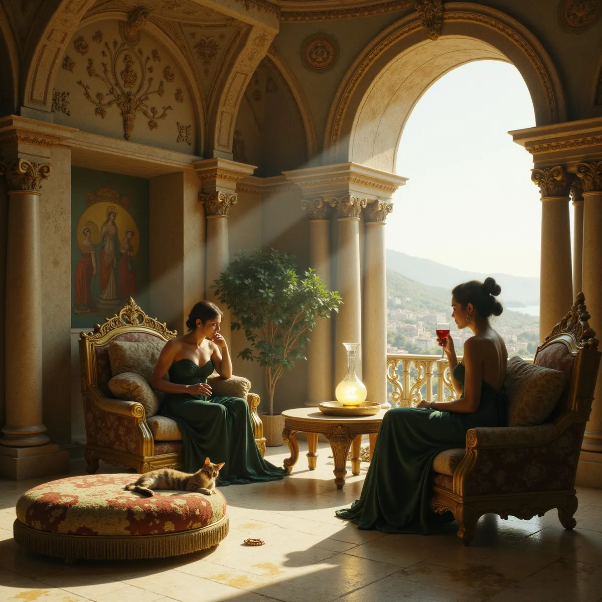 An elaborate stone room in a castle with travertine tiled floors and arcane-carved walls, featuring two mature barmaids sitting in carved wooden chairs drinking wine, a glowing crystal decanter on a table, a resting cat on an opulent cushion, and sunlight streaming through a tall arched window overlooking a futuristic city.