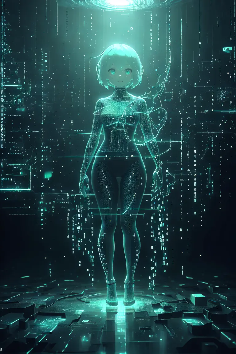 A digital hologram of a girl standing in a virtual space surrounded by floating binary code and glitch effects in aqua tone lighting.
