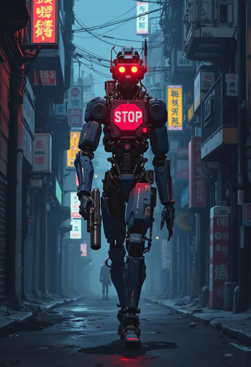 A cyberpunk robot with bright red glowing eyes and a stop sign on its chest, holding a futuristic handgun, walking through a dark alley illuminated by neon lights at night.