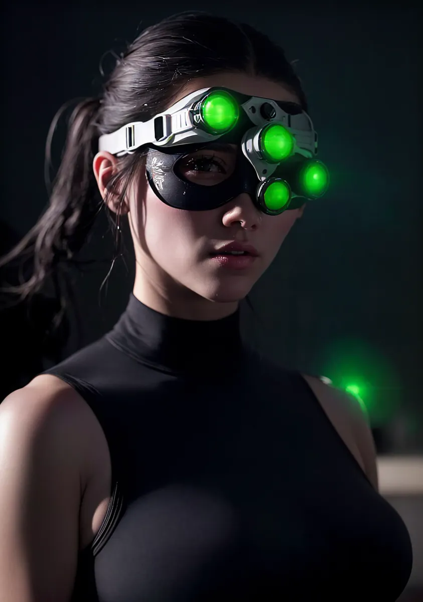 Detailed portrait of a woman with black hair wearing high-tech night vision goggles emitting a green glow and a black mask, set against a dark background.