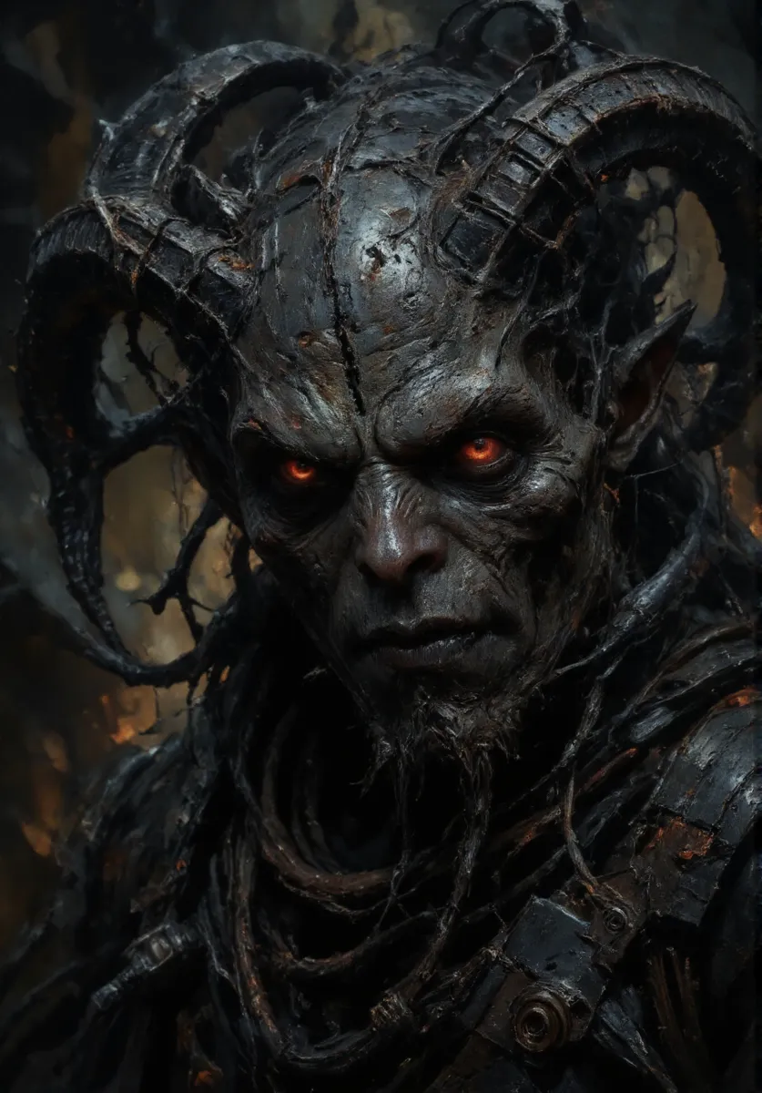 Close-up portrait of a dark fantasy demon with large curved horns and glowing red eyes, wearing intricate dark armor with a detailed texture against a shadowy background.