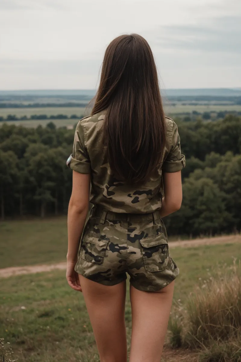 Back view of a girl wearing a military camouflage uniform with shorts standing outdoors near a battlefield with forest in the distance.