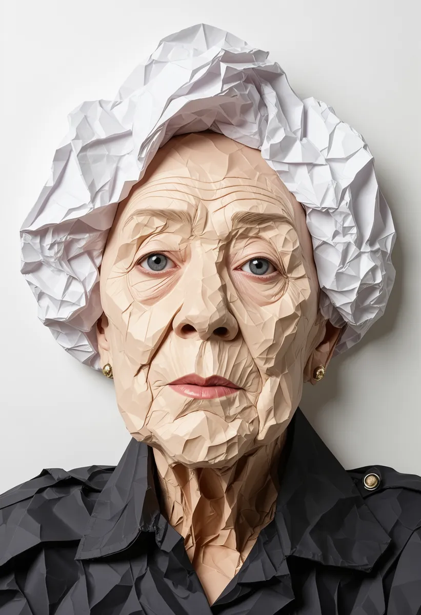 Portrait of an older woman with a face and clothing made of crumpled paper, showing detailed wrinkles and textures in a bold composition.