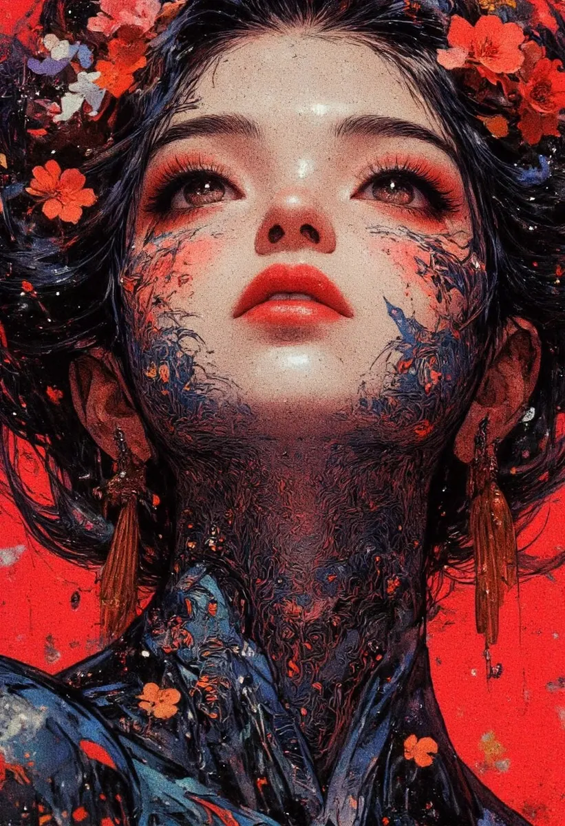 Portrait of a woman with a black shadowy face adorned with intricate blue and white patterns, delicate rose etchings, looking up against a vivid red ruby background.