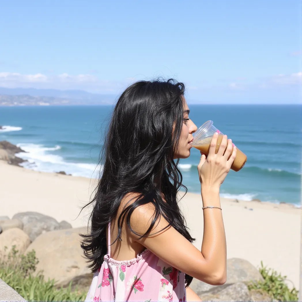 Woman with long black hair in a floral summer dress drinking iced coffee by the Southern California coastline with beach and ocean in the background.