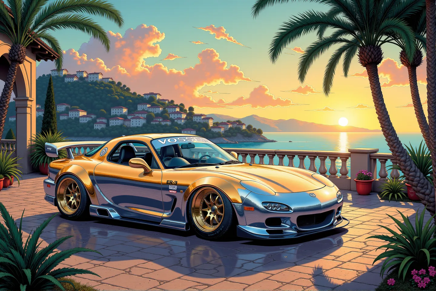 Mazda RX-7 sports car featuring a gold to silver gradient paintwork and Vossen ERA-3 rims parked in a Mediterranean villa courtyard at sunset with coastal hills and sea in the background.
