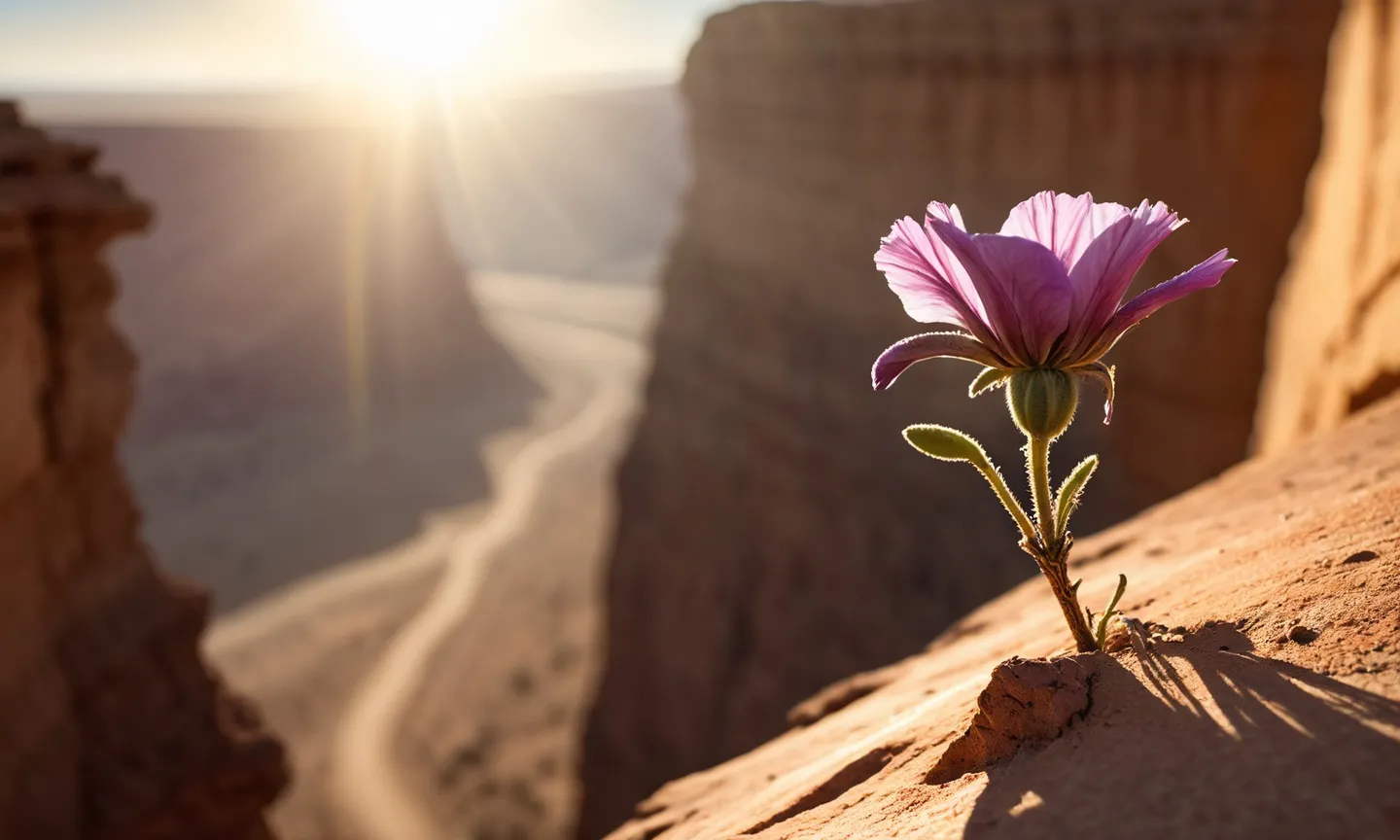 A solitary pink flower growing on a rocky cliff edge in a dry desert gorge with sun rays shining brightly in the background, casting long shadows and highlighting the intricate details of the flower and the textured cliff surface.