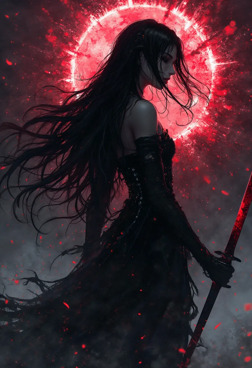 Dark fantasy character Akane, the Yurei Assassin, depicted with ghostly pale skin and long black hair, wielding a blood-stained katana against a vivid red glowing background.