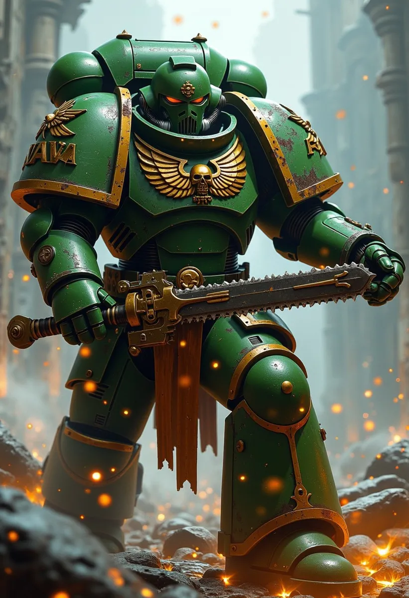 Warhammer 40k space marine in green power armor holding a chainsaw sword amidst a smoky battlefield with glowing embers.