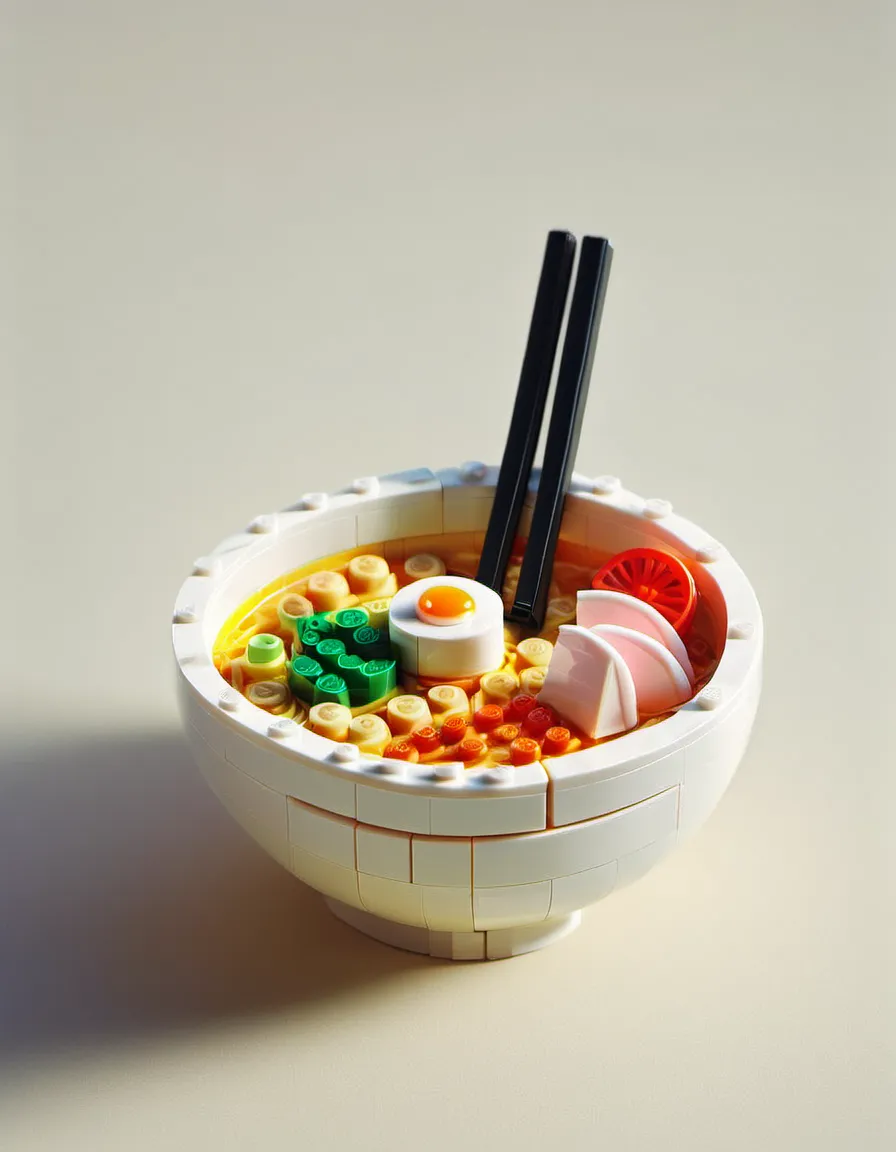 A detailed lego ramen bowl made from various lego pieces including a lego egg, vegetables, and two black chopsticks resting in the bowl.