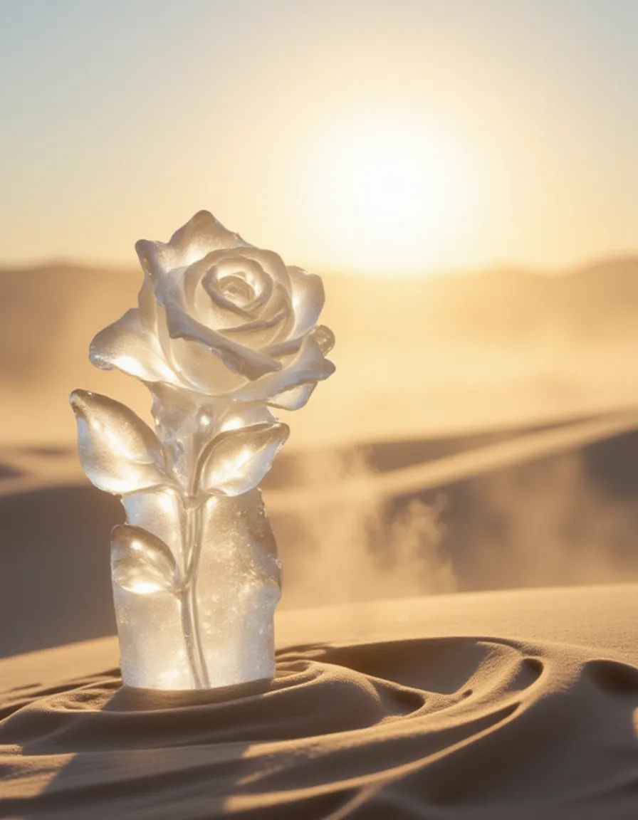 Intricate ice carving of a rose standing in pale yellow desert sand with sunlight shining through, creating a steaming effect in this highly detailed cinematic photo.