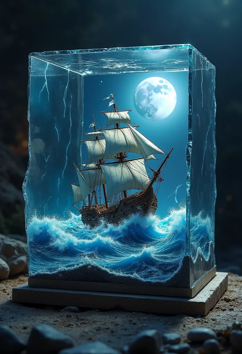 A highly detailed glass cube sculpture containing a large pirate ship sailing through large ocean waves under a lightning storm and a bright full moon at night.
