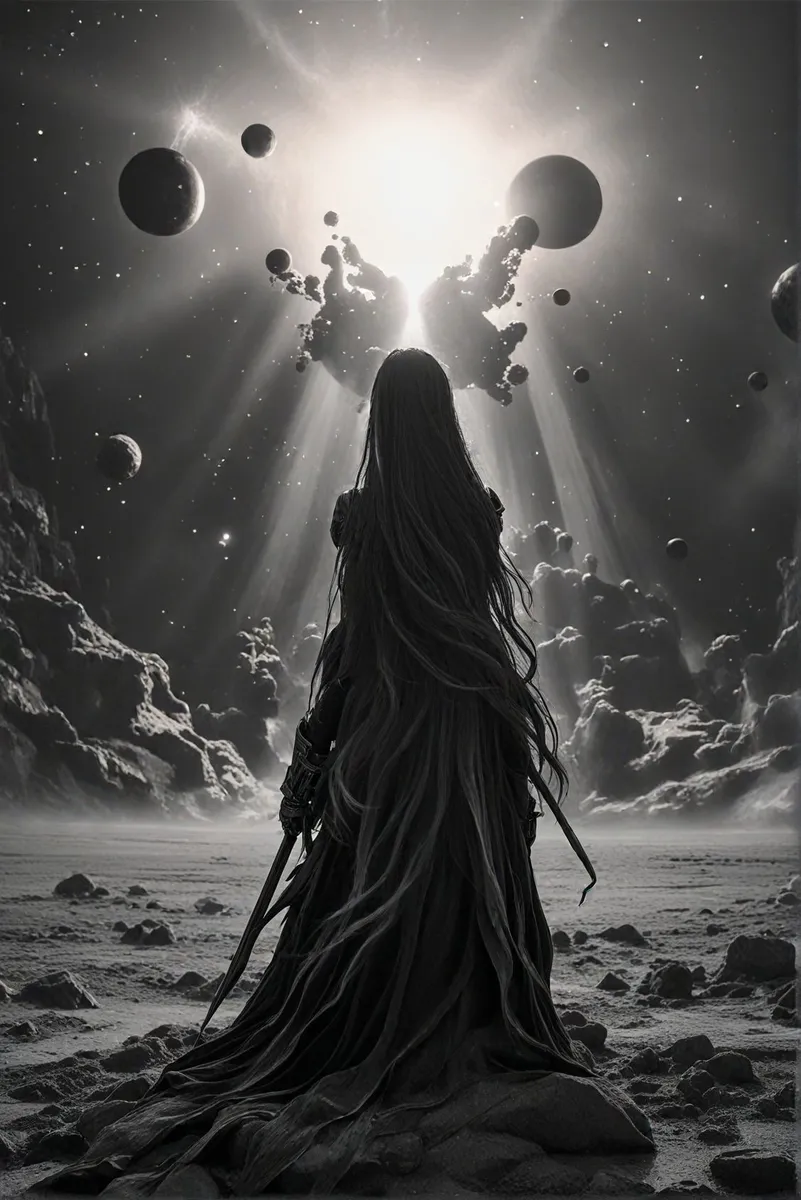 Silhouette of an ethereal woman with flowing hair standing on a barren rocky surface gazing toward a glowing dying star with orbiting planets and dark rocky formations in space.