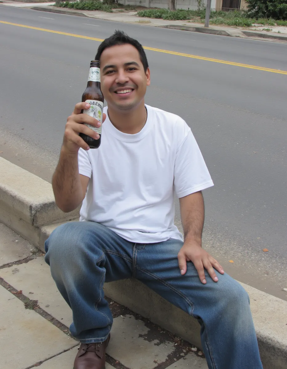 Smiling Mexican man in jeans and white t-shirt sitting on a curb in Los Angeles holding a beer bottle.