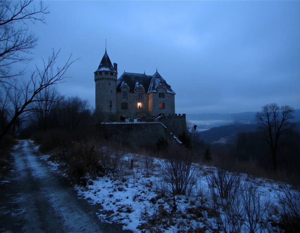 A dark, snowy European stone castle on a hill during early morning with fog, dead trees, and a single lit window showing a dark figure, creating a creepy ambiance.