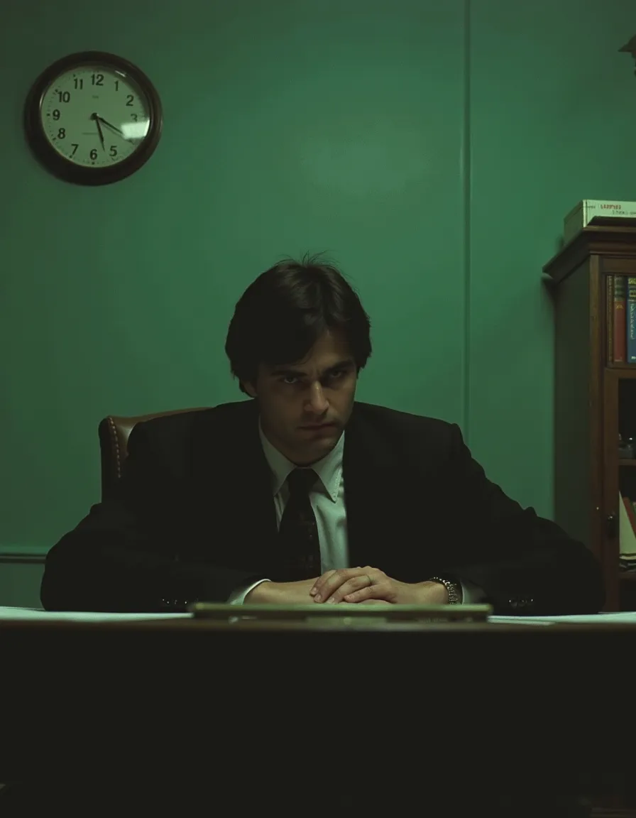 Man in a suit with black hair sitting behind a desk in a green-walled 1980s Soviet office with a clock and bookshelf, dark and uneasy atmosphere