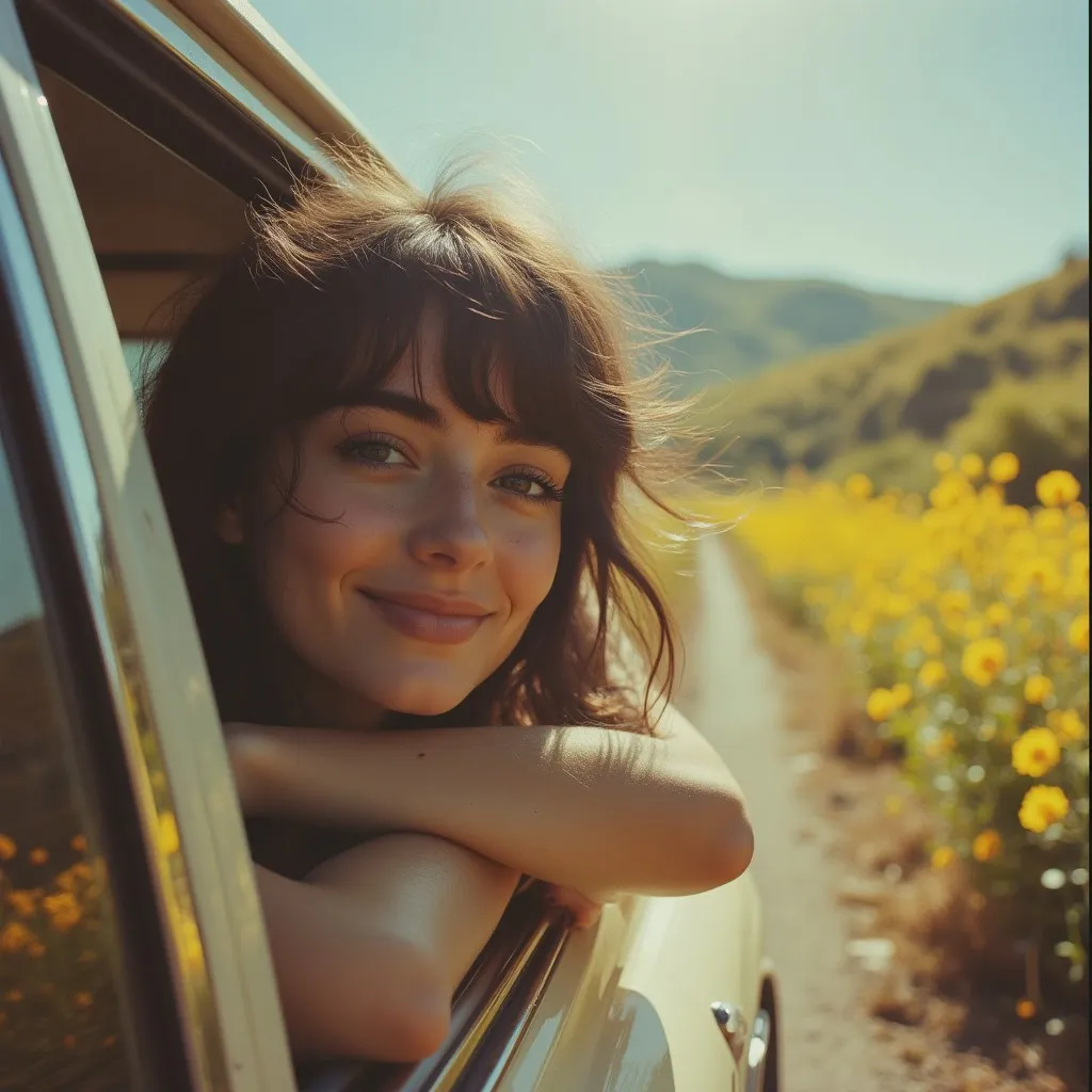 Close-up of a smiling woman leaning out of a car window with black hair blowing gently, surrounded by blooming yellow flowers under warm sunlight.