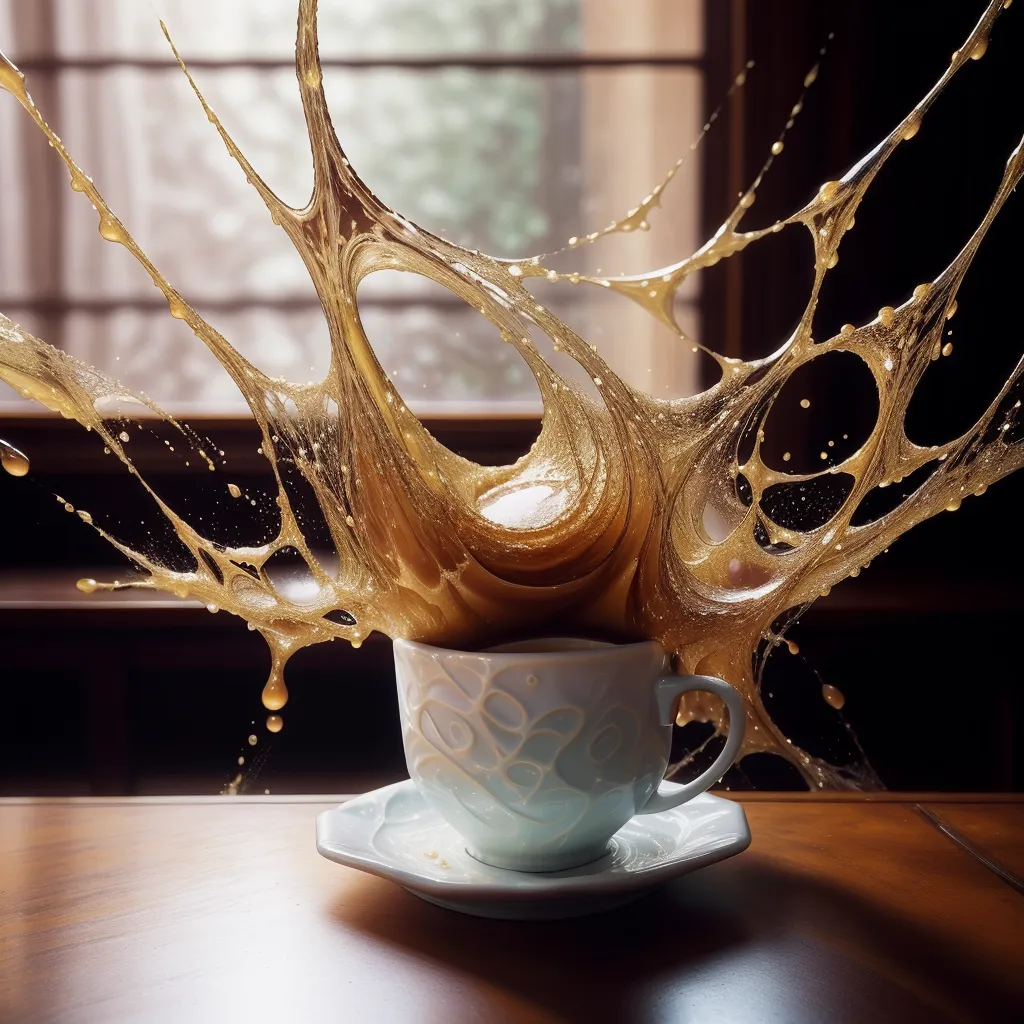 Close-up of a white cup of coffee on a wooden table with fractal-style coffee splash frozen mid-air, illuminated by morning sunlight through a window.