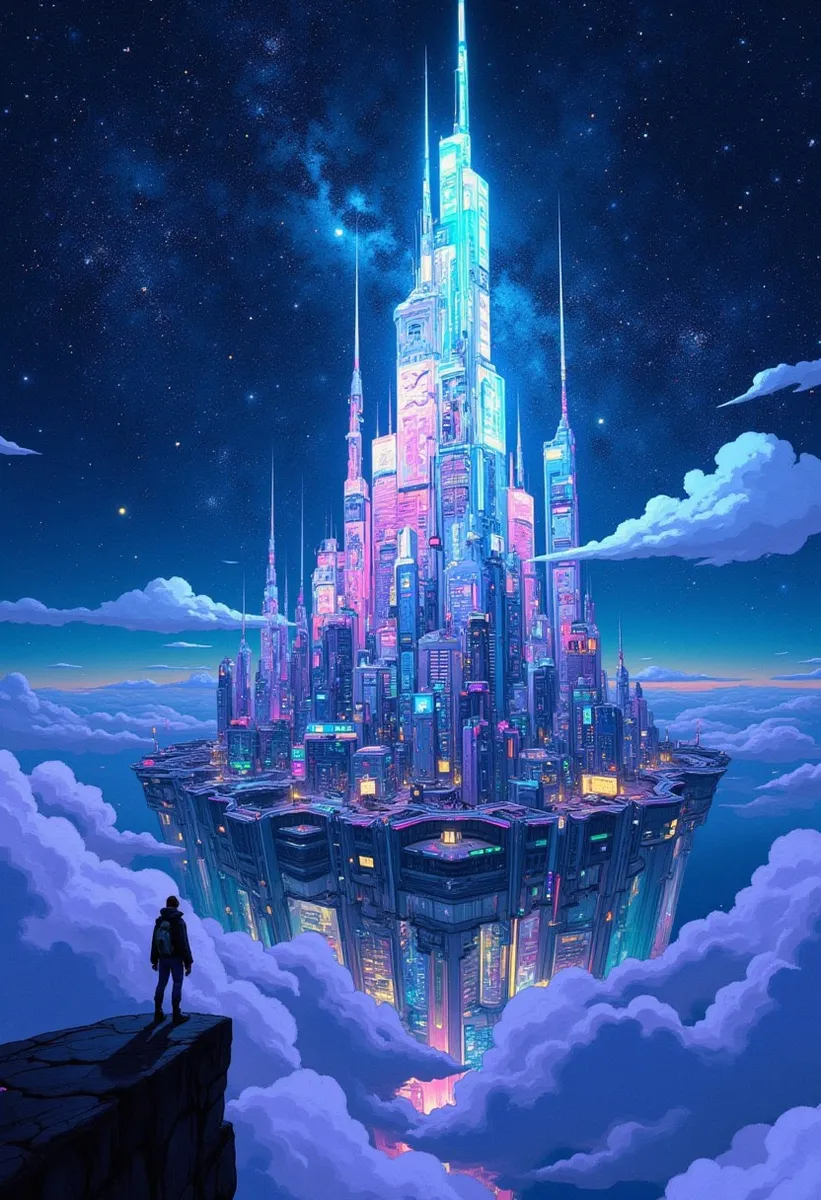 A futuristic, neon-lit metropolis floating above clouds under a starry night sky, with a silhouetted figure observing from a cliff edge.