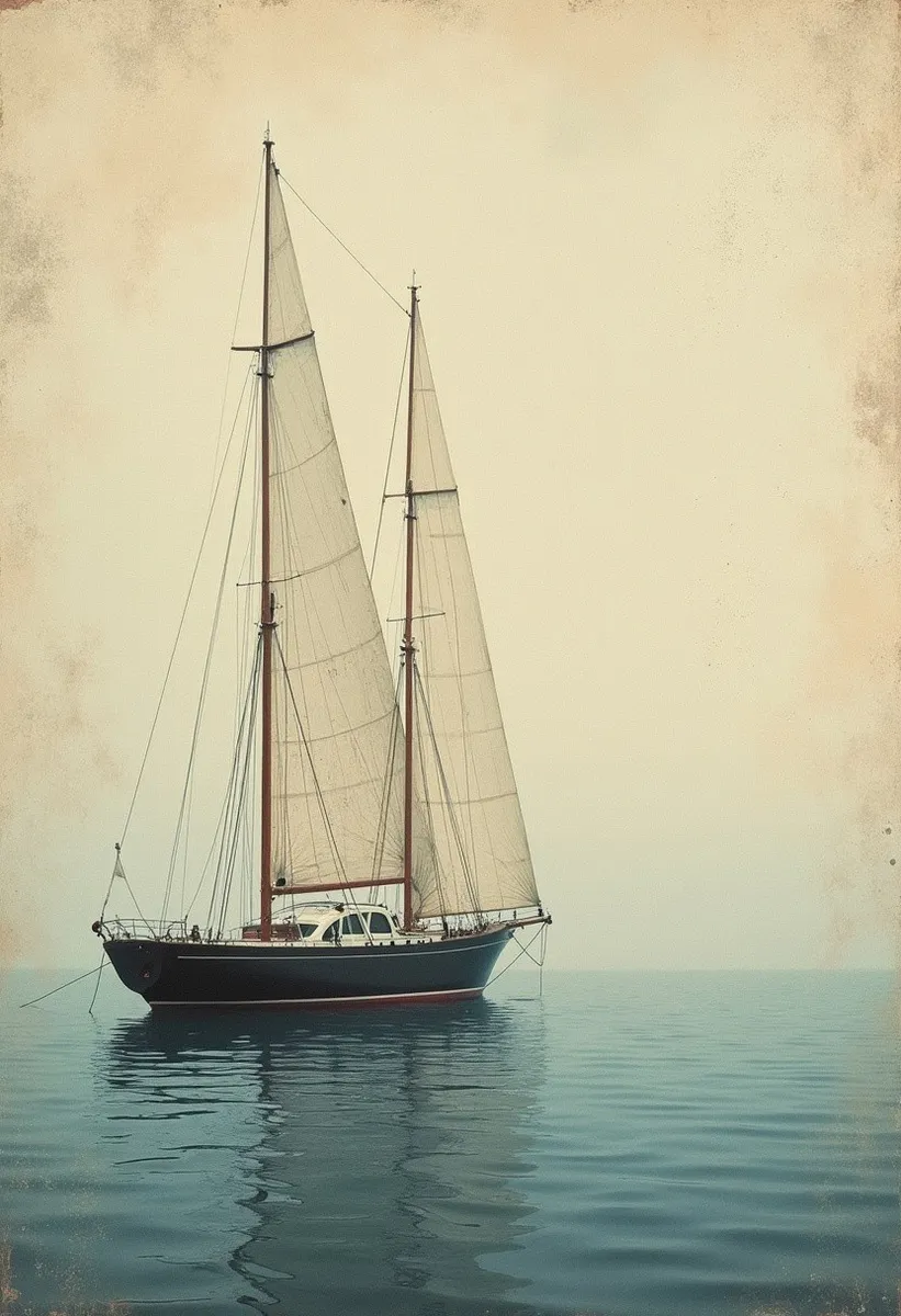 Vintage style sailboat with tall masts and sails, reflecting gently on calm evening waters, featuring minimalistic and delicate textures with craquelure effects.