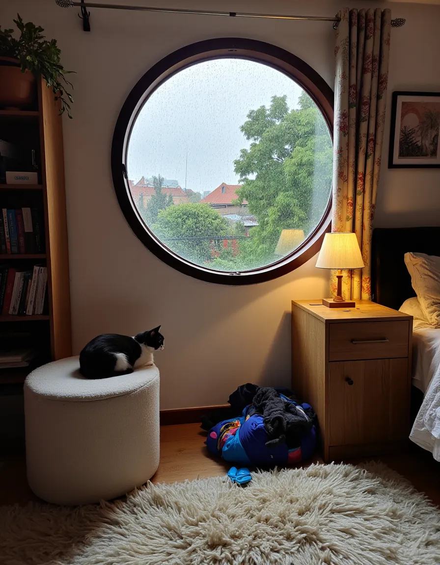 Cozy bedroom interior with a large circular window showing a rainy garden outside, a black and white cat resting on a white fuzzy stool, a wooden night stand with a lit table lamp, fuzzy rug, and a pile of clothes on the floor.