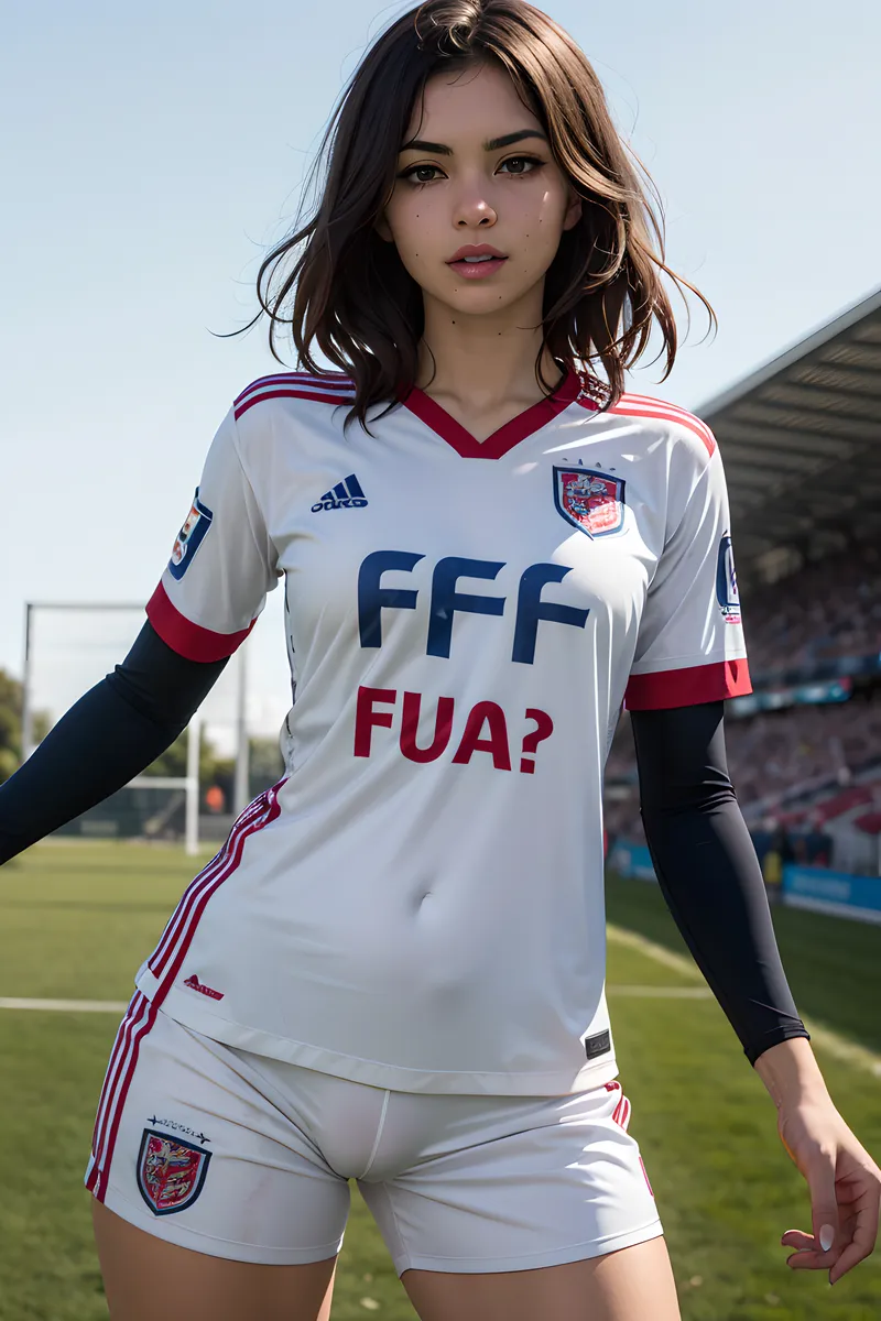 Female goalkeeper wearing a white soccer uniform with red and blue details standing on a soccer field with a stadium in the background