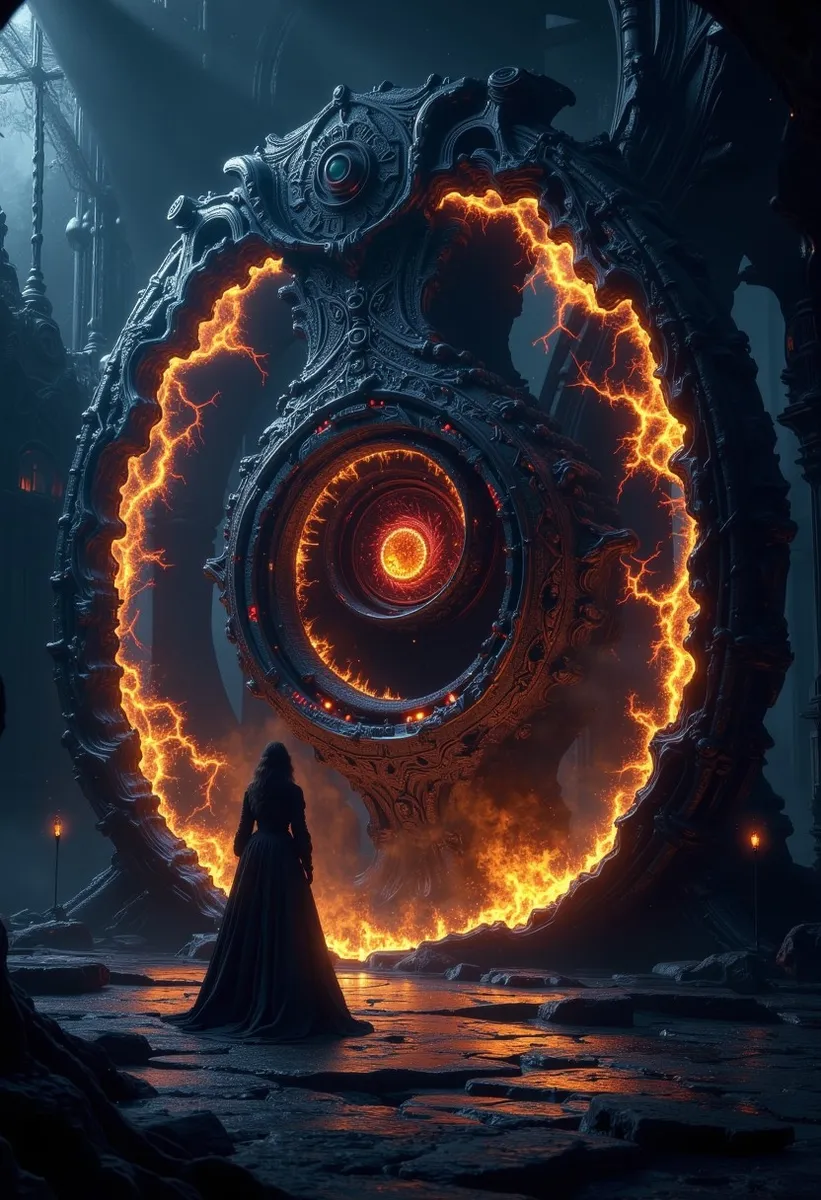 A mysterious ancient alien artifact with a glowing fiery core surrounded by crackling orange energy, set in a dark, ruined futuristic environment with an explorer silhouette in front.