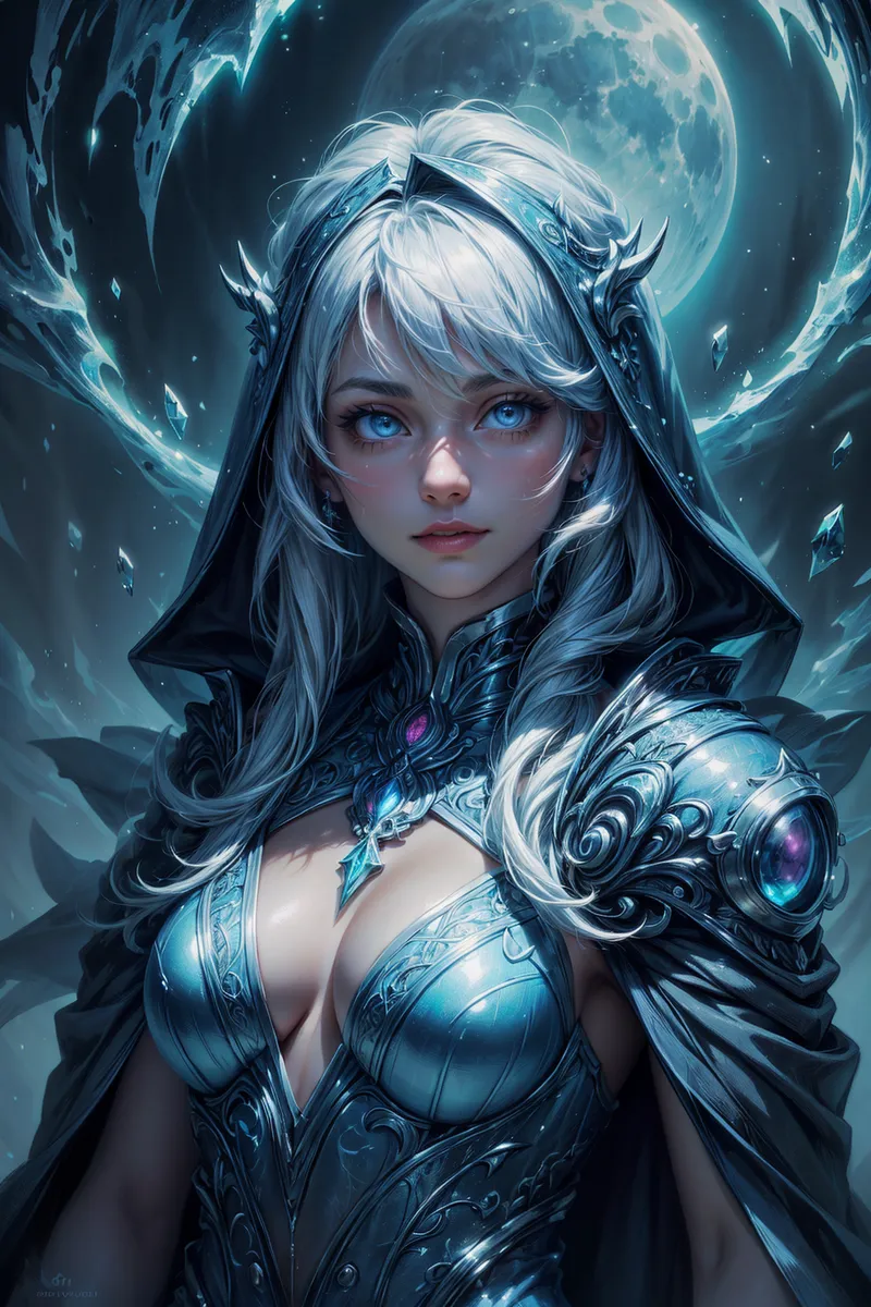 Detailed illustration of a moon priestess with white hair and glowing blue eyes wearing intricate blue armor, standing before a lunar observatory under a glowing moon.