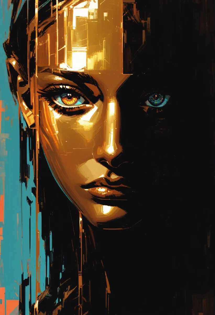 A futuristic fantasy portrait of a robot-maori-girl with glowing pixel eyes, in a dynamic composition featuring intricate copper and gold details on a dark background.