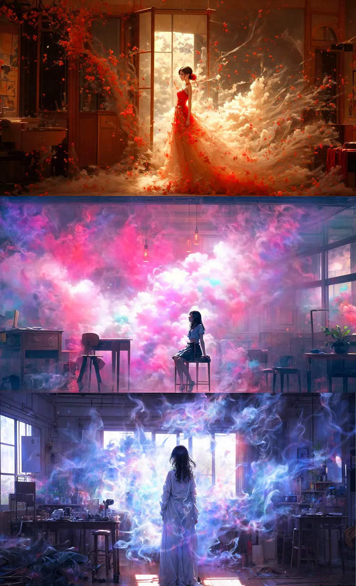Three scenes showing women surrounded by swirling colorful smoke and ethereal light inside rooms, evoking a dreamlike and surreal atmosphere.