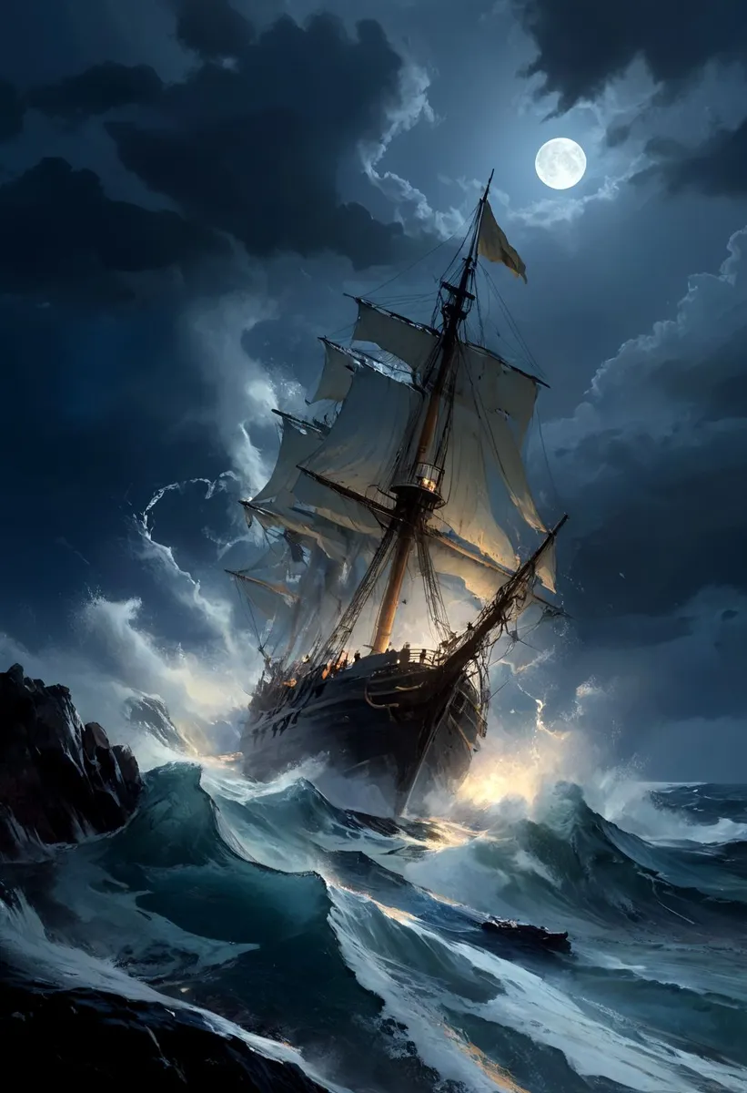 Historic Santa Maria sailing ship braving colossal storm waves under intense moonlight and dark thunderclouds at night, with vivid sea spray and textured ocean.
