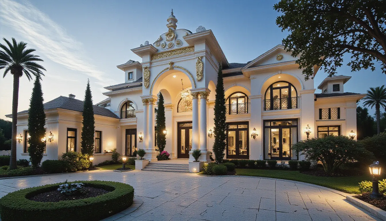 Luxury home with a grand arched entrance framed by ornate white columns with gold detailing, flanked by tall cypress trees and surrounded by manicured garden with palm trees at dusk.