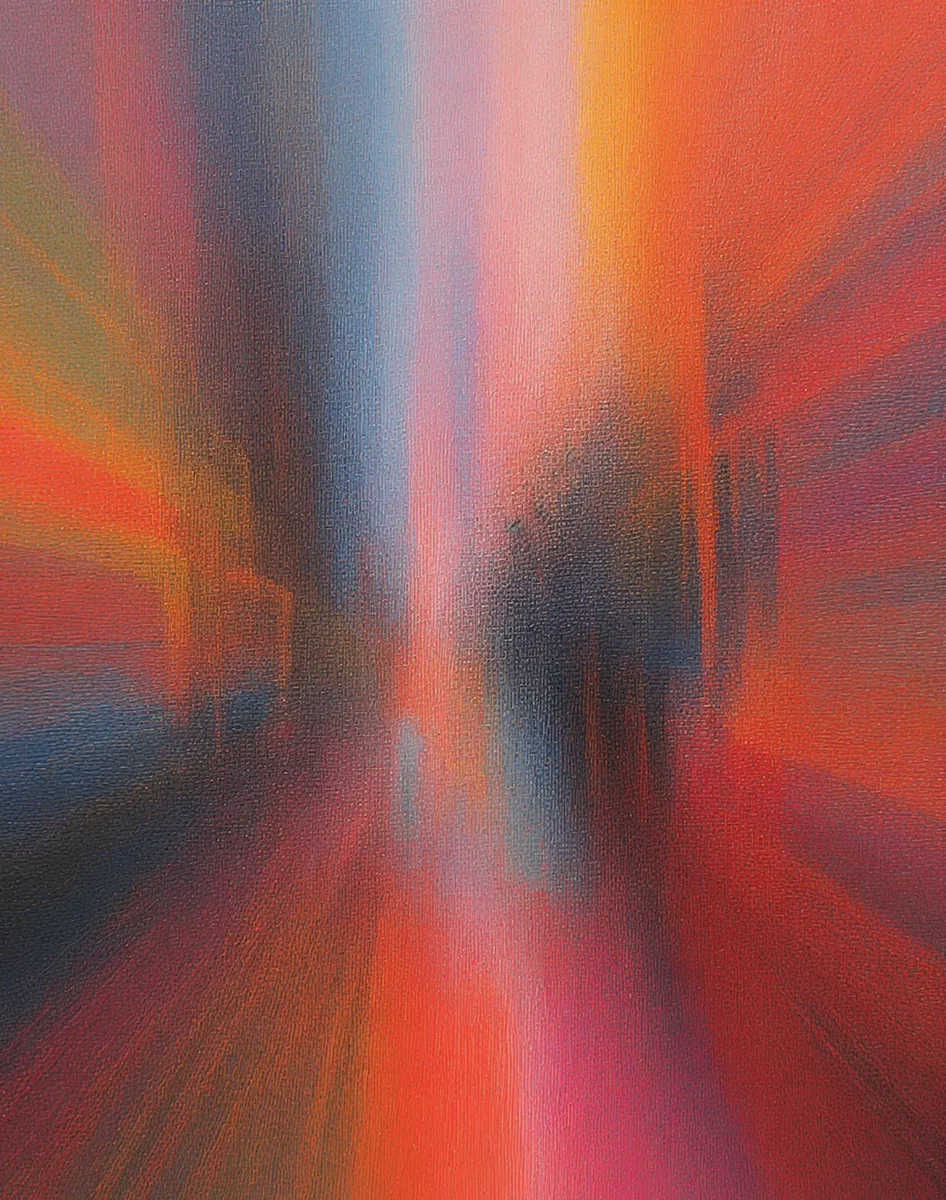Abstract painting using short parallel brush strokes in vivid colors creating a fake 3D effect and forced perspective depth in the style of Christopher Wool.