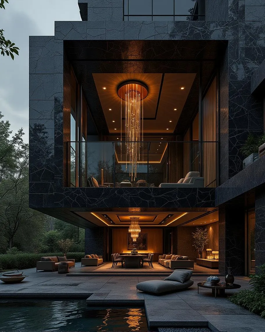A modern mansion exterior at dusk featuring black stone architecture, large precision-cut glass windows, warm ambient lighting, and a striking luxury chandelier inside.