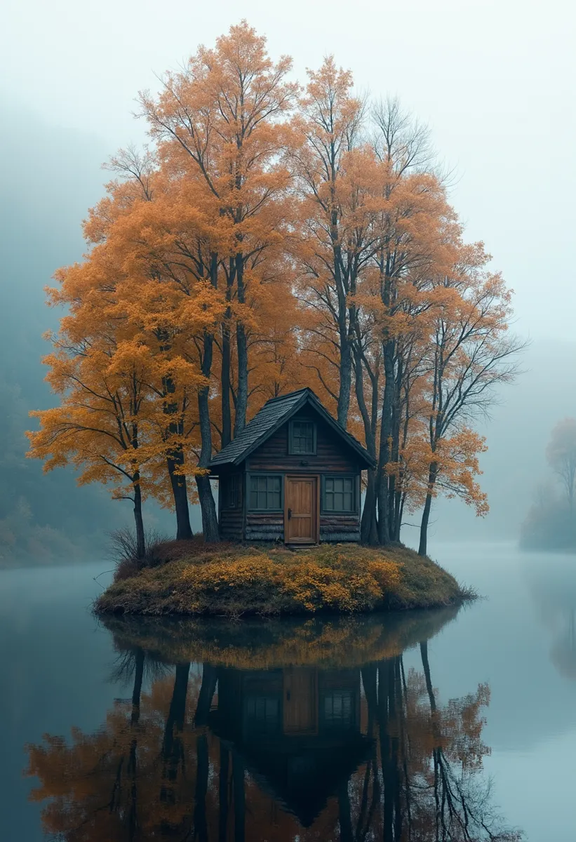 A very small cabin with windows beside its door sits on a tiny island surrounded by a calm lake. Golden autumn trees with dark branches rise around it, all reflected perfectly in the still water, with a thick fog enveloping the background.