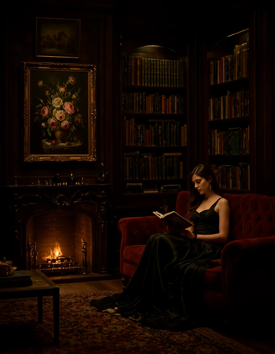 A woman in a black dress reading a book on a dark red velvet sofa in a cozy, dimly lit library room with a lit fireplace, floral painting, and tall bookshelves.