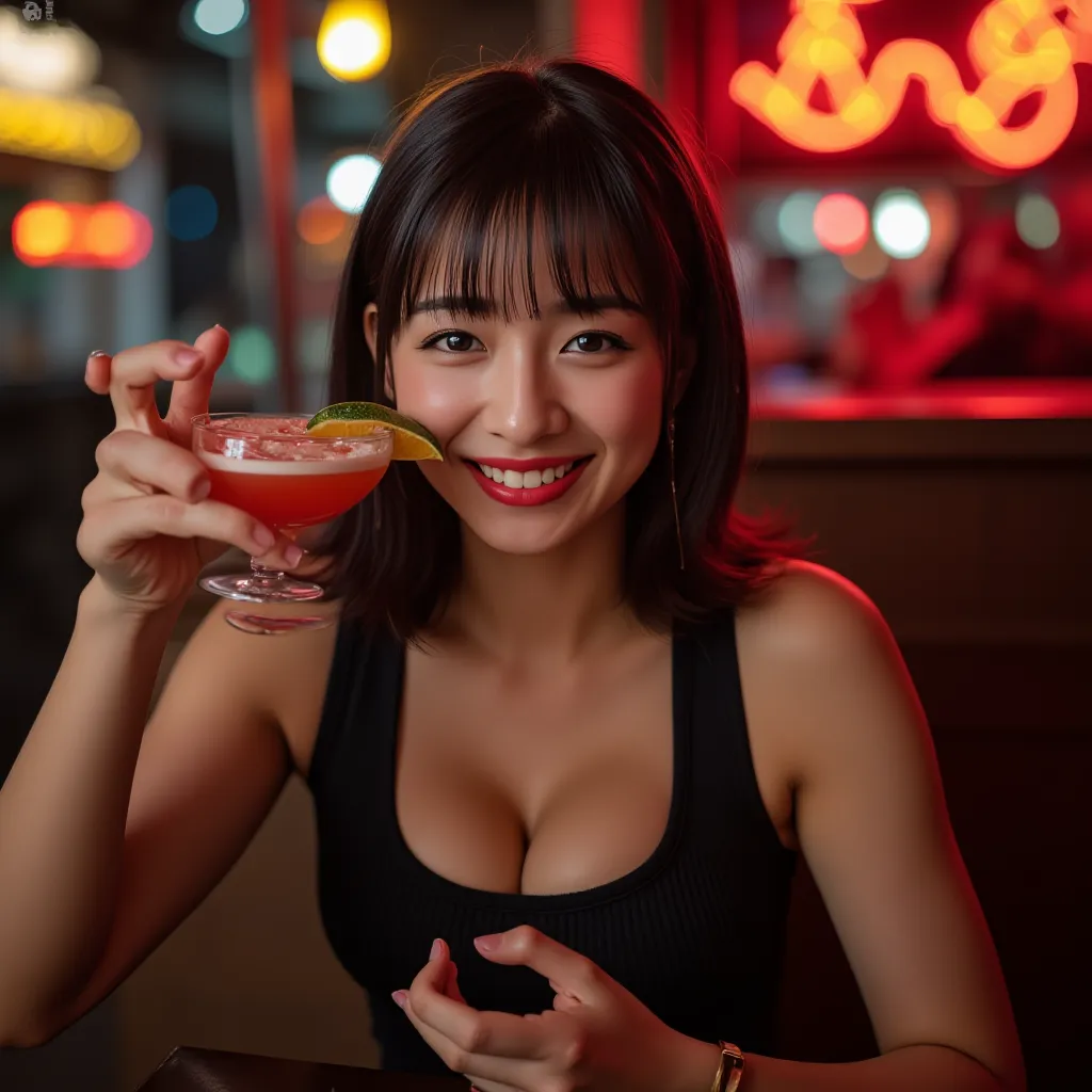 A photorealistic woman with a mischievous smile toasting with a vibrant cocktail in a neon-lit bar background.