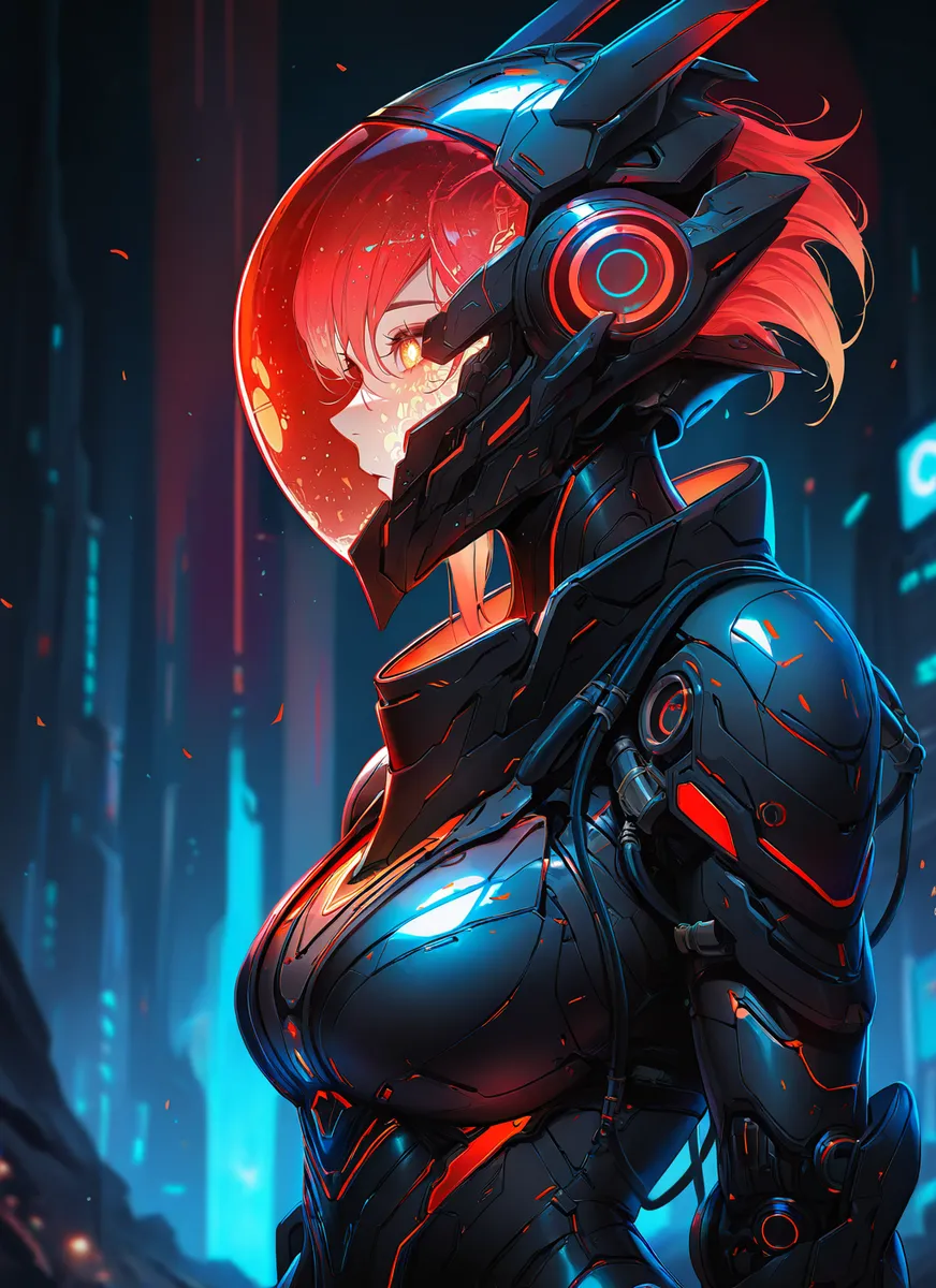 A detailed cyberpunk female character with glowing red hair, wearing a futuristic helmet and high-tech armor illuminated by neon lights and holograms.