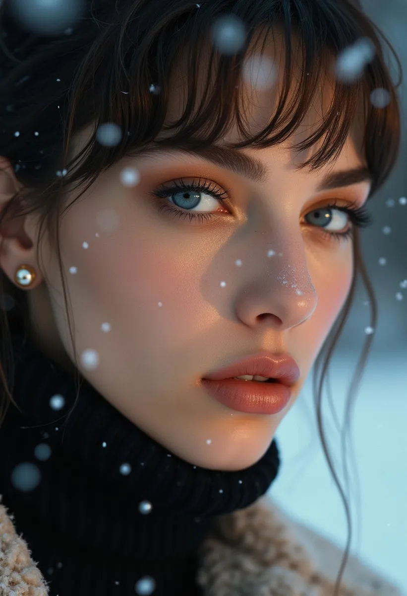 Close-up winter portrait of a pale-skinned woman with blue eyes, black eyeliner, wearing pearl earrings and a cozy black turtleneck, snowflakes falling softly.