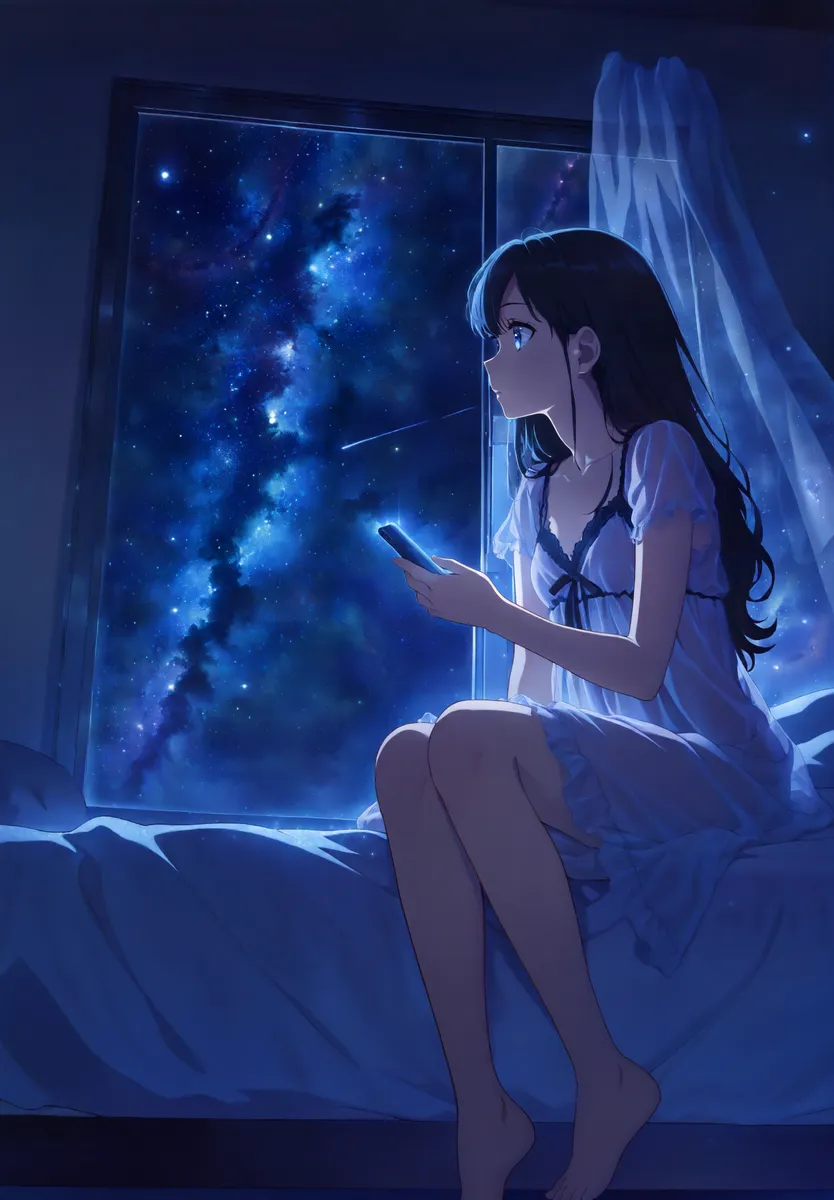 A girl in a white nightgown sitting barefoot on her bed holding a phone, gazing out a window at a stunning starry night sky with the Milky Way visible.