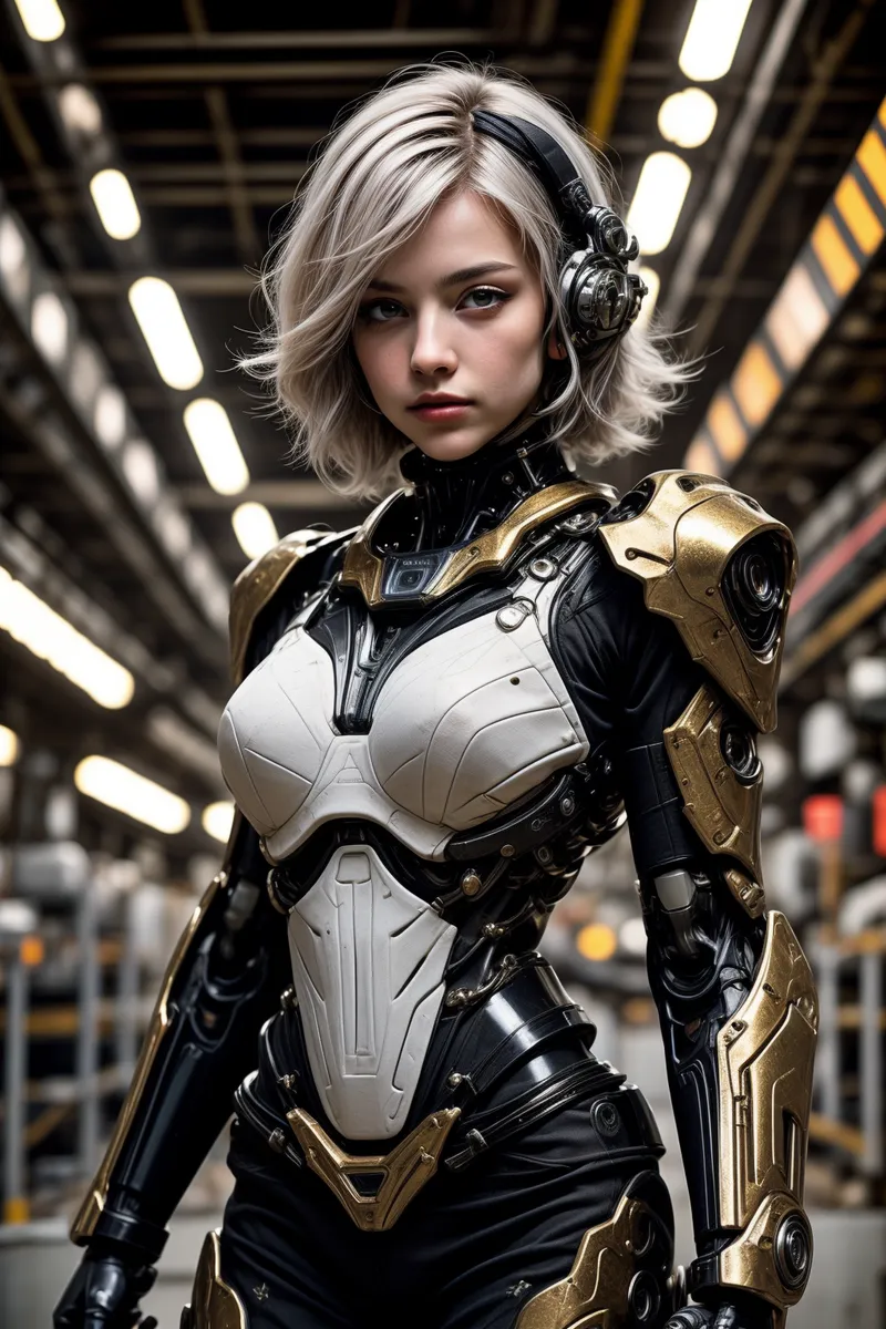 Portrait of a female robot with white hair wearing detailed white and gold futuristic armor in a spaceship factory interior.