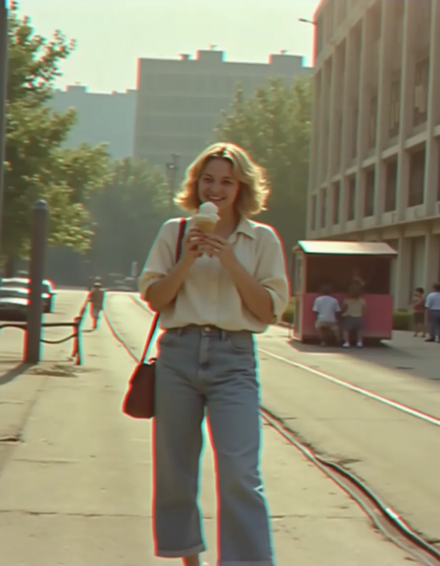 A young Soviet woman in 1980s casual style holding ice cream cone, walking on a city street with Soviet buildings and tram lines in the background under warm golden hour light.