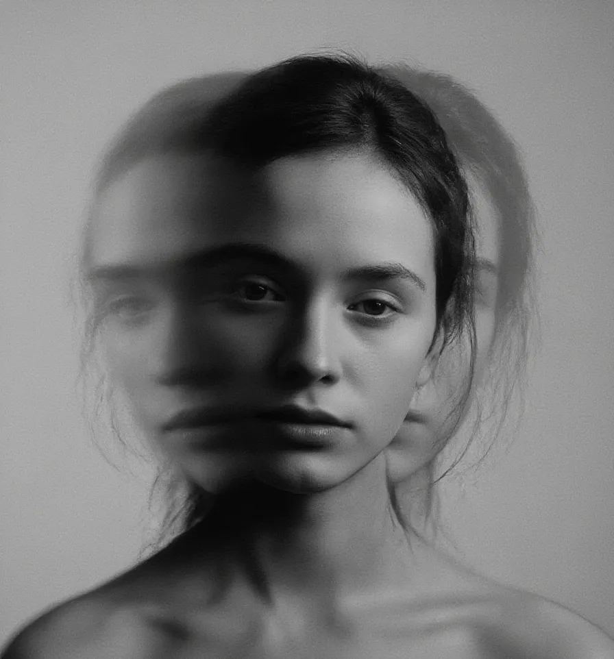 Black and white experimental portrait of a woman with her face appearing melted and multiplied, showing blurred motion and double exposure effects.