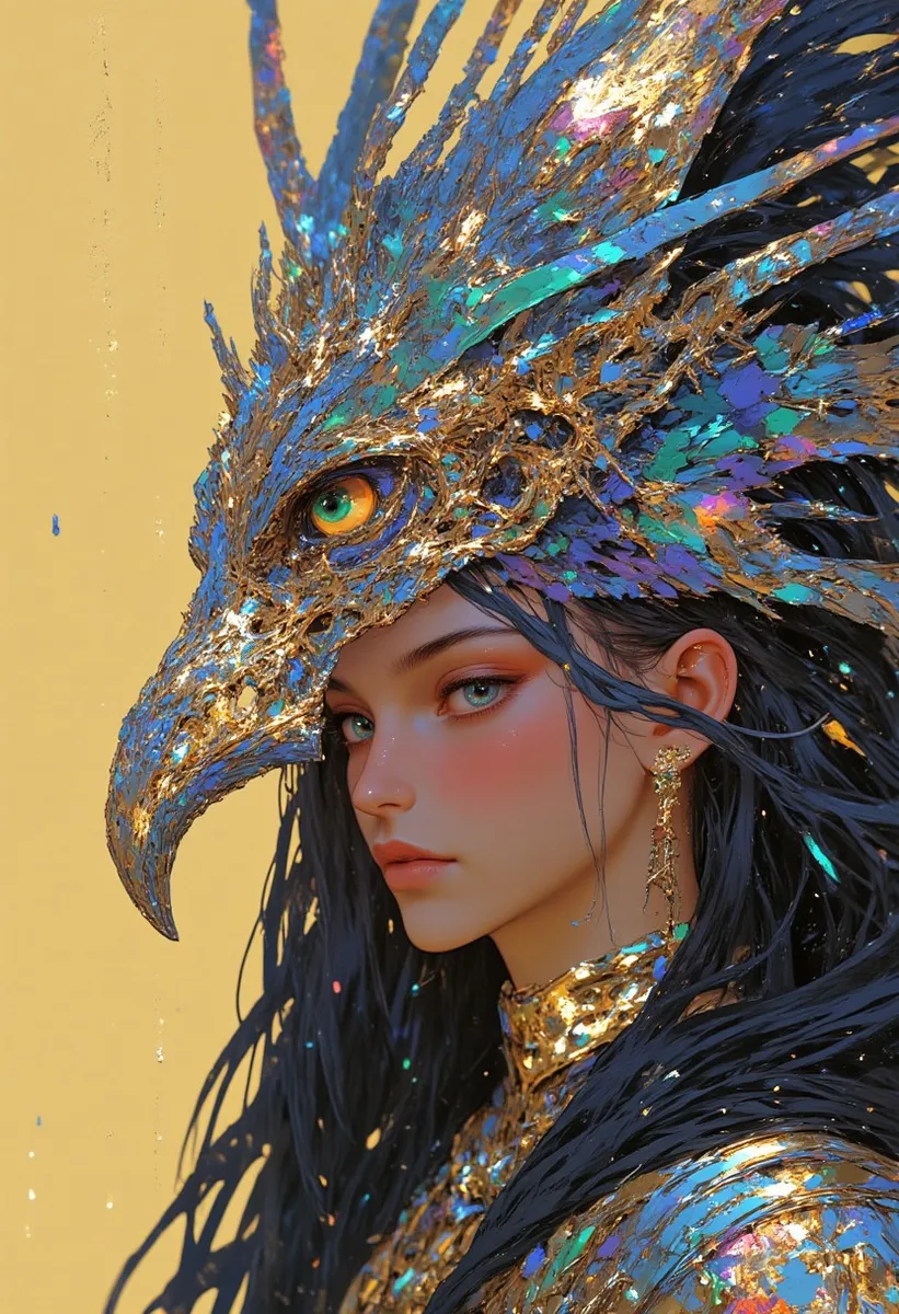 Close-up digital artwork of a woman with striking green eyes wearing an elaborate blue and gold peacock feather helmet and golden armor on a yellow background.
